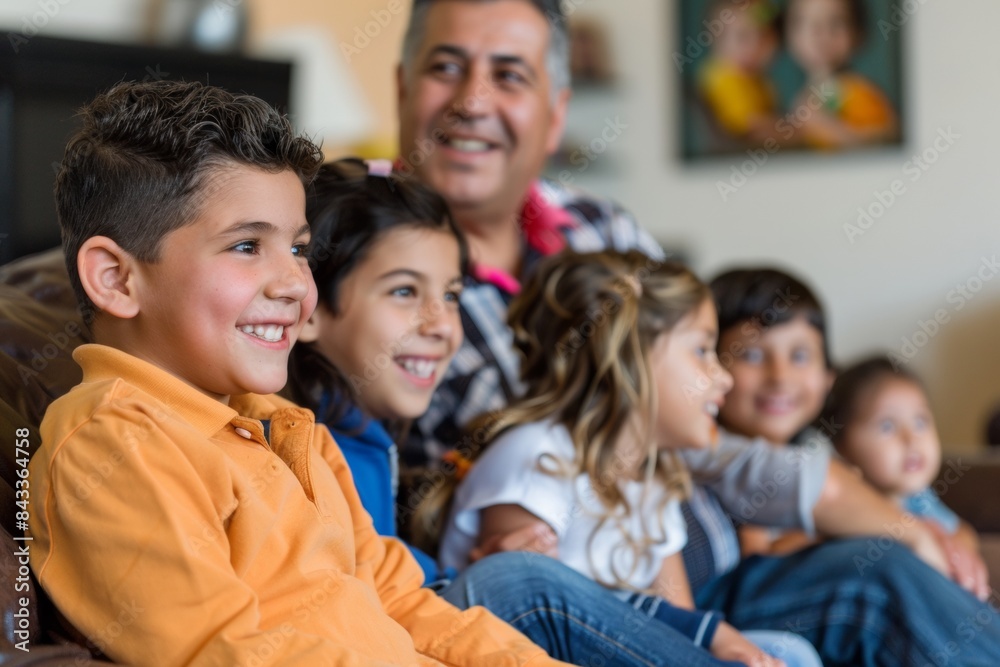 Fototapeta premium Family Engaged in Learning Dental Hygiene at Home Parents and Children Watching Educational Video in Living Room During Oral Health Month