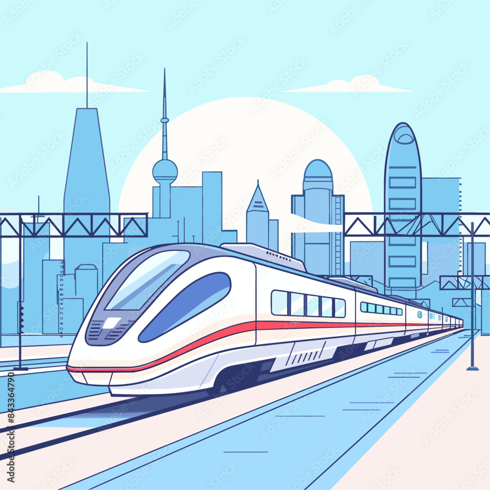 A high-speed train illustration with blue and white lines in the style of a simple cartoon style A high-speed train illustration with blue and white lines in the style of a simple cartoon style