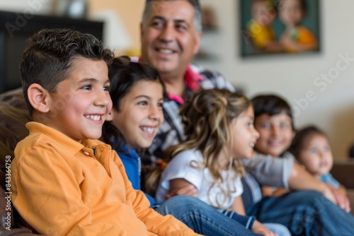 Family Engaged in Learning Dental Hygiene at Home Parents and Children Watching Educational Video in Living Room During Oral Health Month