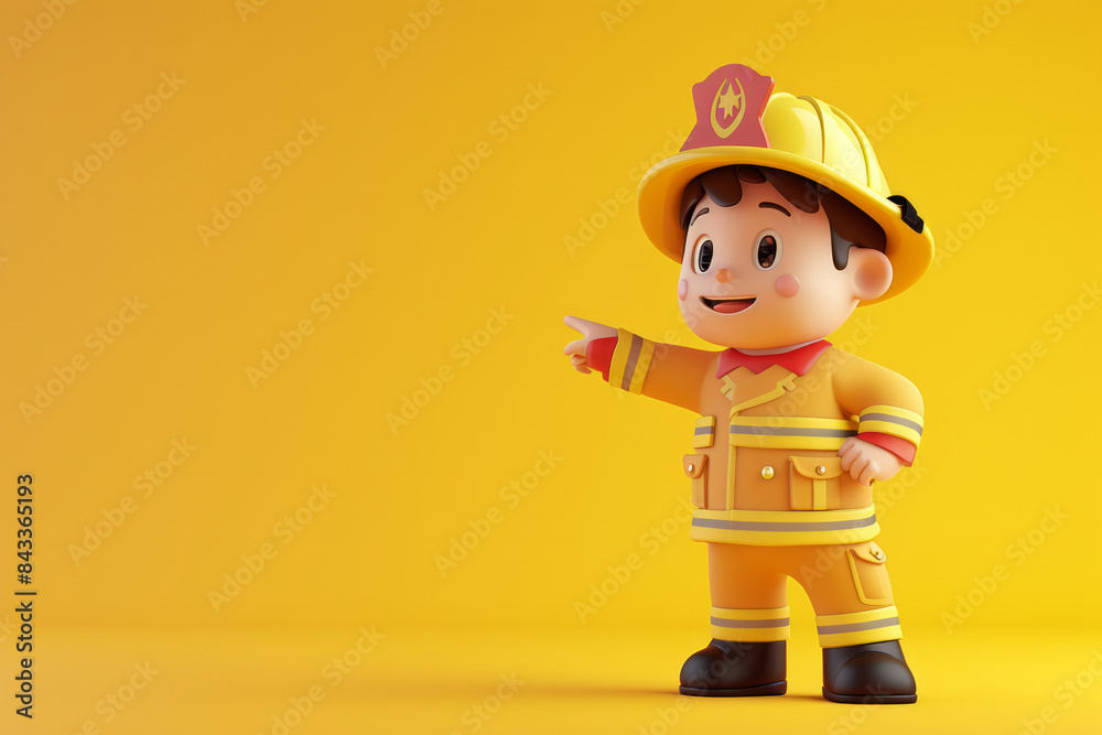 A cute friendly 3d fire fighter character pointing. 3D Rendering style illustration A cute friendly 3d fire fighter character pointing. 3D Rendering style illustration