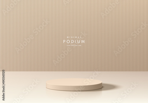 3D beige cylindrical podium pedestal background with vertical pattern wall scene. Pastel minimal mockup or abstract product display presentation, Stage showcase. Platforms vector geometric design.