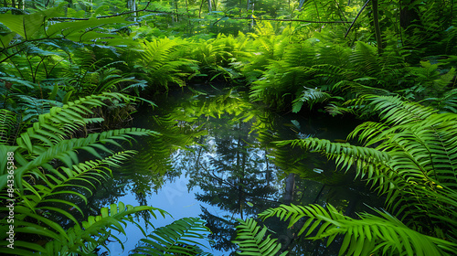 A pond with green leaves and a reflection of the trees 