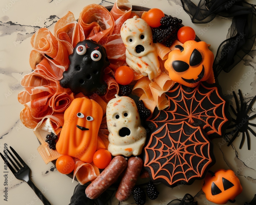 Celebratory Halloween Charcuterie Board with Retro 80s Inspired Decor and Spooky Themed Snacks Celebratory Halloween Charcuterie Board with Retro 80s Inspired Decor and Spooky Themed Snacks