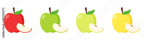 Set of apple slice and whole fruit ripe tropical summer fruit icon illustration sticker