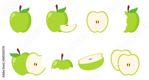 fruit ripe green apple slice and whole fruit icon summer tropical illustration