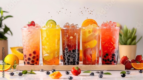 Colorful assortment of refreshing bubble tea drinks with assorted fruit flavors, adorned with fresh fruits and bubbles in tall glasses.