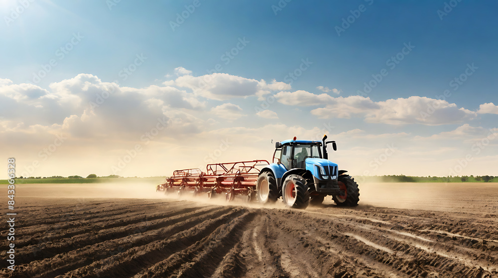 Obraz premium An irrigation tractor driving spraying or harvesting an agricultural crop banner design for agriculture industry and food supply production concepts, from wide far perspective with copy space 