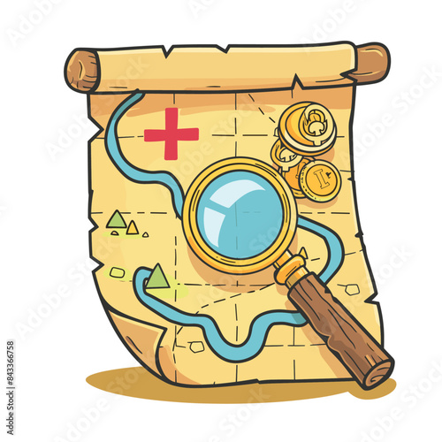 A cartoon treasure map with a magnifying glass and coin, in the clip art style