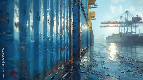 Wallpaper Mural lateral view of a pristine deep blue container being loaded by a crane.generative ai Torontodigital.ca