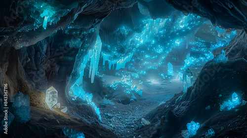 A cave with blue stalactites and stalagmites photo