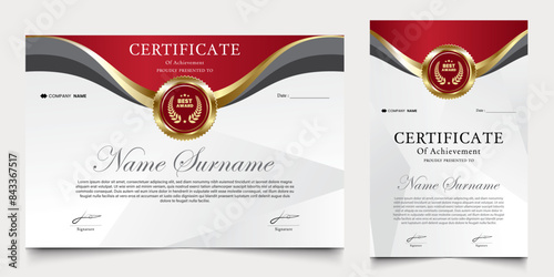 certificate with modern background of red and gold colors. graduation design elements, best employees and others.