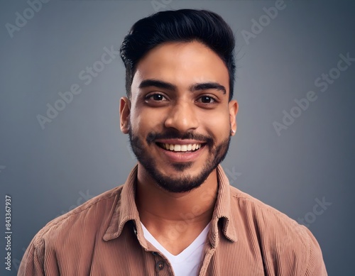 Headshot portrait of smiling young Indian man isolated on studio background © DWIJ