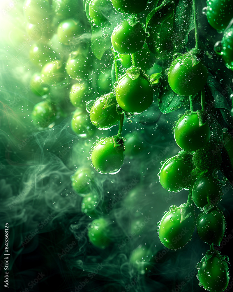 A bunch of green grapes are hanging from a vine. The grapes are wet and shiny, and the leaves are green. The image has a peaceful and calming mood, as the grapes are hanging from the vine A bunch of green grapes are hanging from a vine. The grapes are wet and shiny, and the leaves are green. The image has a peaceful and calming mood, as the grapes are hanging from the vine