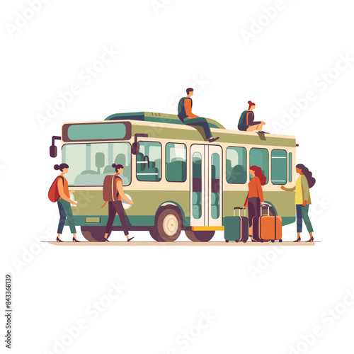 Flat style illustration, people getting on and off the bus with luggage in hand, happy expression, green color scheme