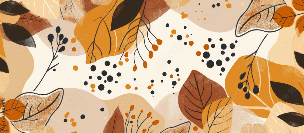 Flat illustration of autumn pattern with leaves and abstract shapes in earth, brown, beige, black and orange colors Flat illustration of autumn pattern with leaves and abstract shapes in earth, brown, beige, black and orange colors
