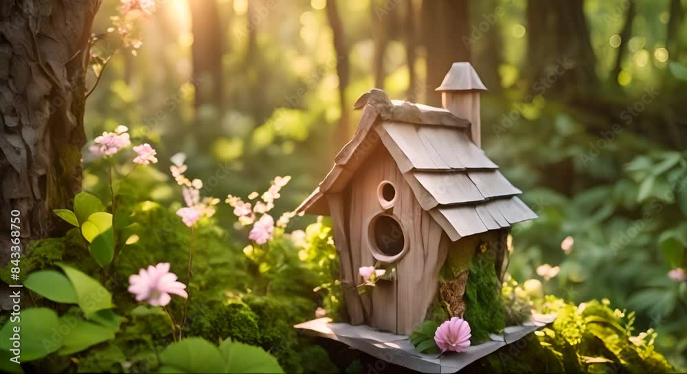 Wooden birdhouse in the garden with sunlight Wooden birdhouse in the garden with sunlight