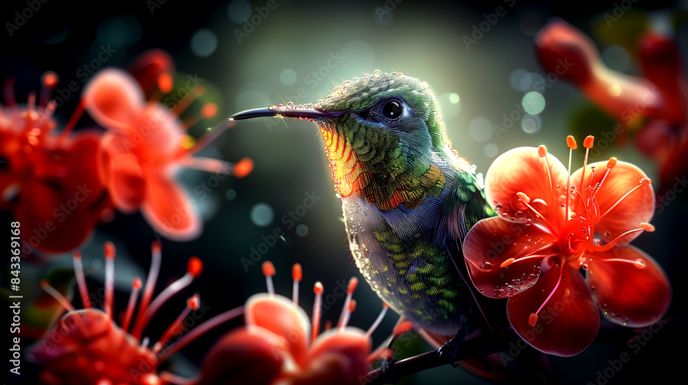 Fototapeta premium A hummingbird is perched on a red flower. The bird is green and brown in color. The image has a serene and peaceful mood, as the bird is surrounded by the beauty of nature
