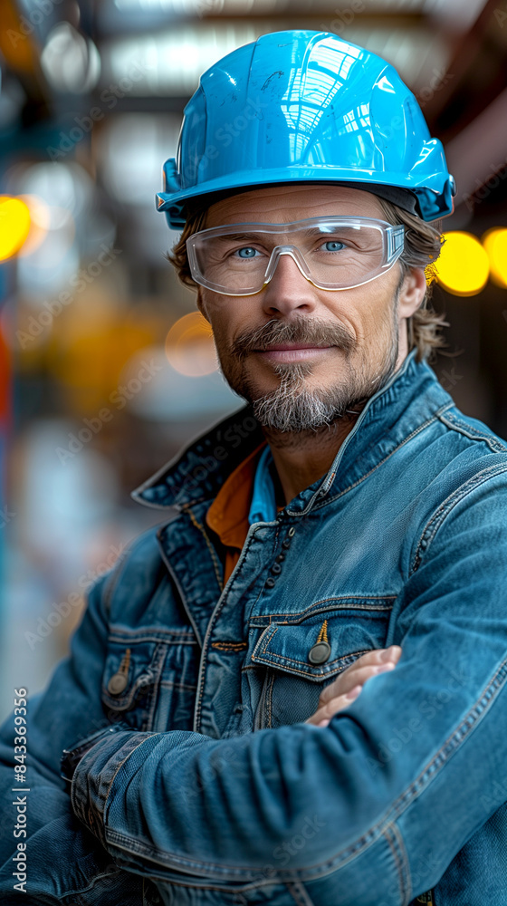 A man wearing a blue jacket and a blue helmet. He is wearing safety glasses and a hard hat A man wearing a blue jacket and a blue helmet. He is wearing safety glasses and a hard hat