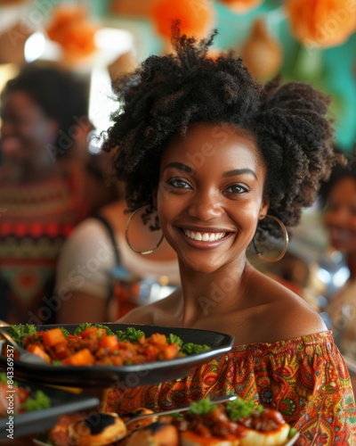 Joyful Young Black Woman Celebrating Juneteenth with Soul Food, Festive Atmosphere, Daytime Portrait