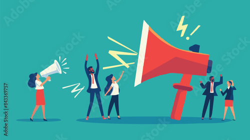 People announce advertising with megaphone vector illustration. Awareness focus loud speaker man and woman. Business banner marketing group media. Speech news promotion network leadership poster