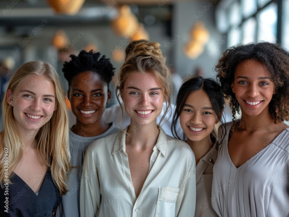 Obraz premium Four young women of different ethnicities stand close together, smiling brightly at the camera