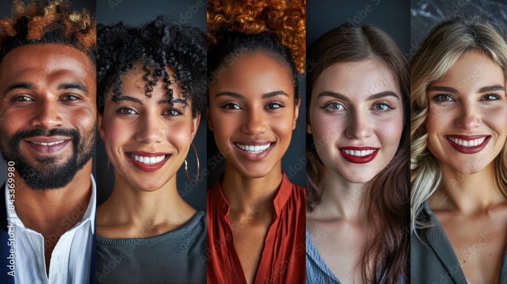 Fototapeta premium A portrait featuring five diverse people smiling at the camera