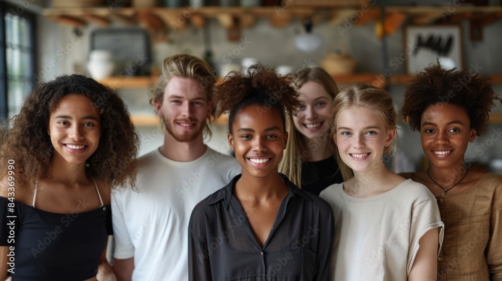 Obraz premium A group of young friends pose for a photo, smiling and looking happy together