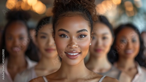 A young woman with a bright smile stands in front of a group of women, their faces blurred and out of focus
