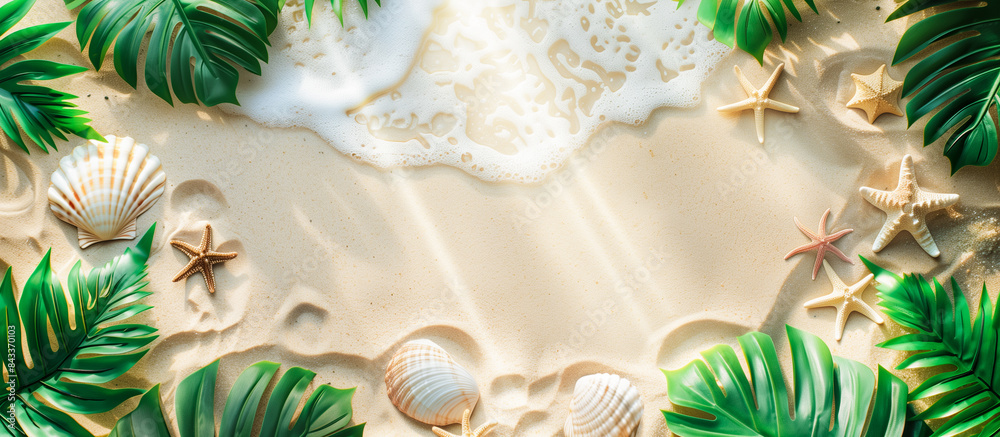 summer sales with sandy beach with starfish shells and leaves concept banner background summer sales with sandy beach with starfish shells and leaves concept banner background