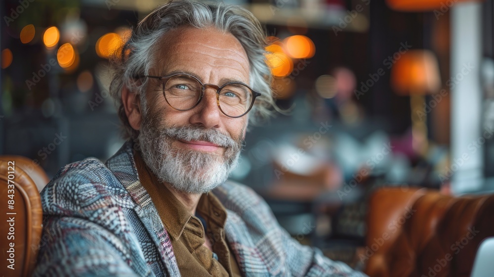 A portrait of a man with a grey beard and glasses, smiling warmly while sitting in a cafe A portrait of a man with a grey beard and glasses, smiling warmly while sitting in a cafe