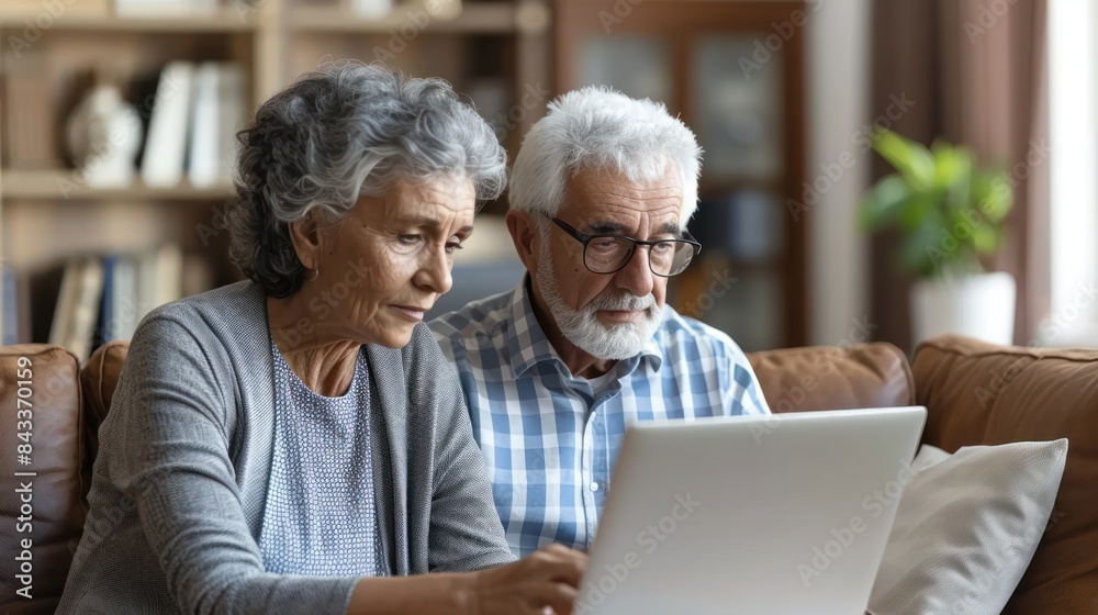 An elderly couple sits on a couch and uses a laptop together An elderly couple sits on a couch and uses a laptop together