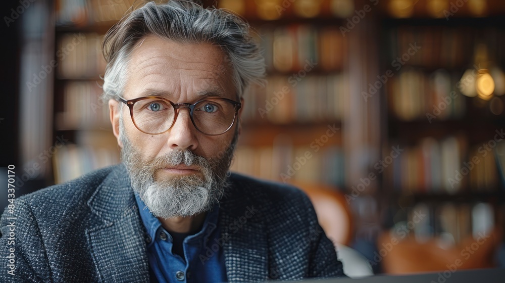 A man with graying hair and a beard sits in a library, looking thoughtfully into the camera A man with graying hair and a beard sits in a library, looking thoughtfully into the camera