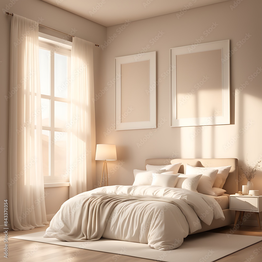 Fototapeta premium Mockup white empty frame in light cozy and simple bedroom interior background, 3d render