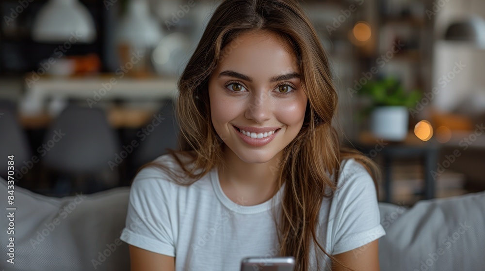 A young woman smiles brightly while sitting on a couch in a warm, inviting living room A young woman smiles brightly while sitting on a couch in a warm, inviting living room