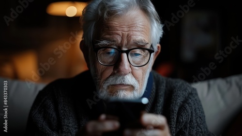 A close-up photo of an older man using his smartphone