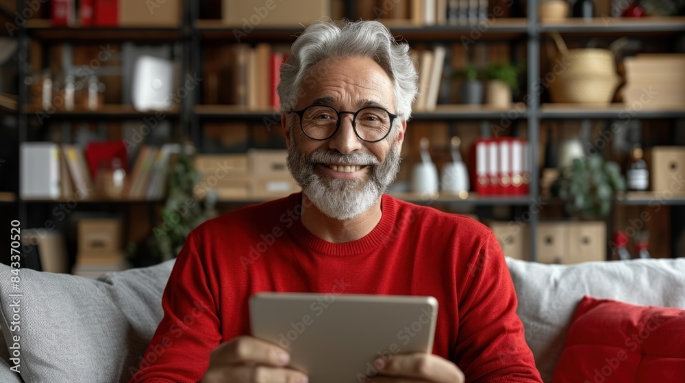 A mature man smiles warmly as he uses a tablet while relaxing on a couch in his home A mature man smiles warmly as he uses a tablet while relaxing on a couch in his home