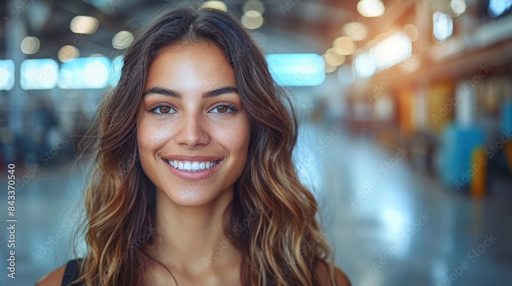 A young woman with long brown hair smiles brightly as she stands in an indoor space A young woman with long brown hair smiles brightly as she stands in an indoor space