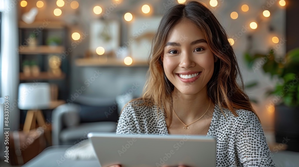 A woman smiles as she uses her tablet in a cozy and warm living room A woman smiles as she uses her tablet in a cozy and warm living room