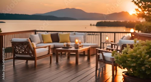 Wallpaper Mural Outdoor terrace with comfortable furniture on a wooden deck. Calm water at sunset Torontodigital.ca