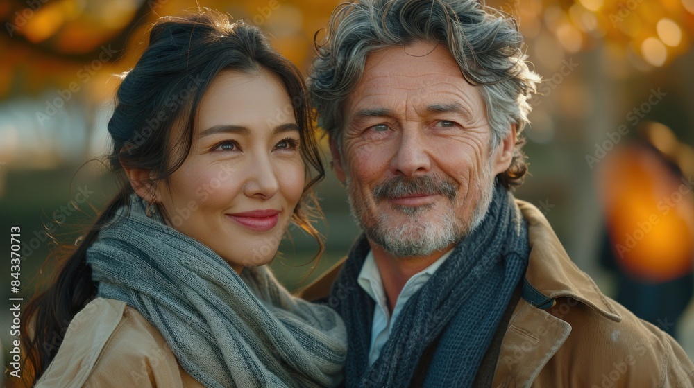 Obraz premium A man and woman, bundled in cozy scarves, share a tender moment of joy and connection on a crisp autumn day