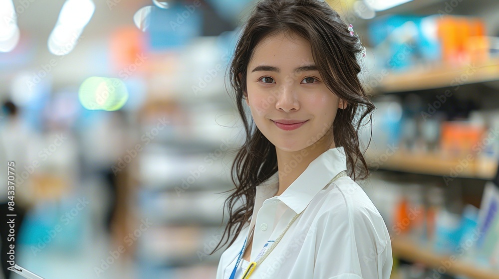 A woman working in a store smiles softly as she goes about her day A woman working in a store smiles softly as she goes about her day