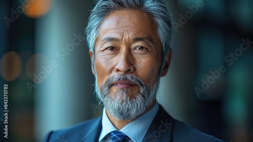 A close-up portrait of an older Asian man with graying hair and beard, wearing a suit and tie, looking directly at the camera © Viktor