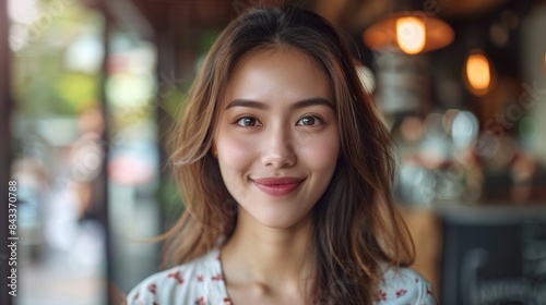 Wallpaper Mural A young woman with long brown hair smiles warmly at the camera in a cafe setting Torontodigital.ca