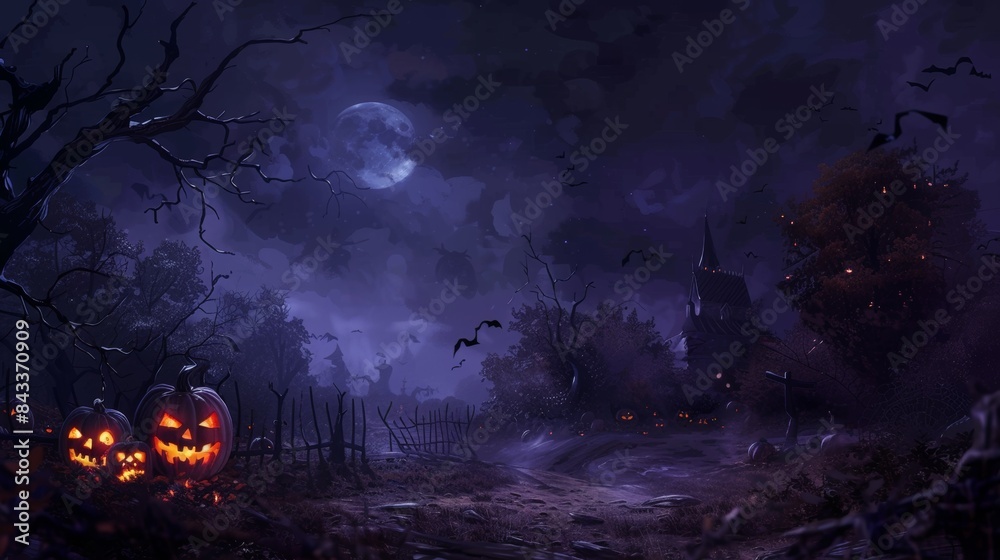 Eerie Graveyard with Jack-O'-Lanterns Under Purple Sky Eerie Graveyard with Jack-O'-Lanterns Under Purple Sky