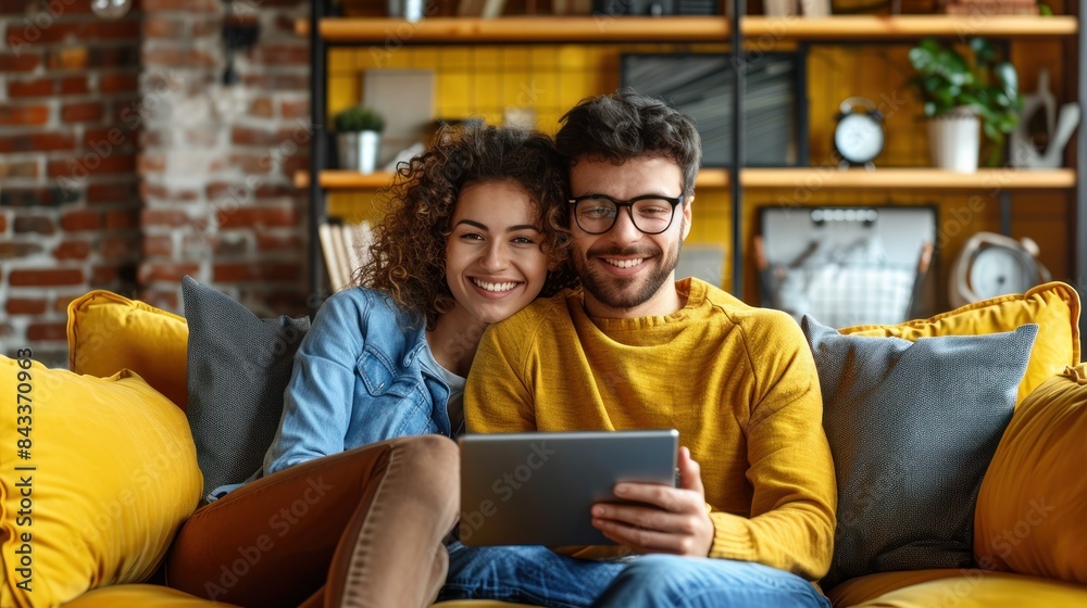 A young couple relaxes on a yellow couch, using a tablet and sharing a moment of togetherness A young couple relaxes on a yellow couch, using a tablet and sharing a moment of togetherness