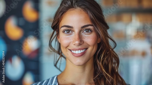 A woman smiles warmly in a close-up portrait, her eyes sparkling with joy