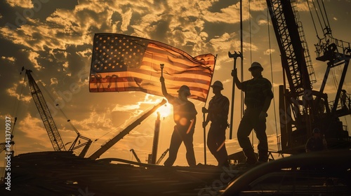 Construction Workers Holding American Flag at Sunset on Construction Site with Cranes and Dramatic Sky in Background