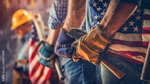 Construction Workers in Patriotic Gear Holding Tools, Close-Up of Hands with American Flag, Hard Hats, and Gloves, Symbolizing Labor, Teamwork, and National Pride in Industrial Setting