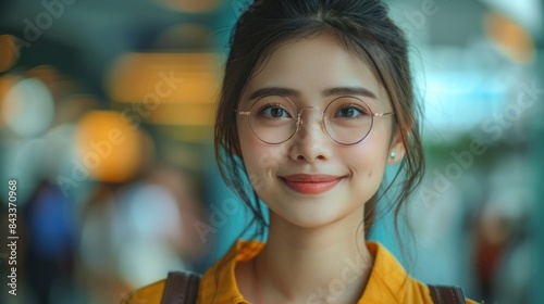 A young woman in glasses smiles brightly, standing in a city street