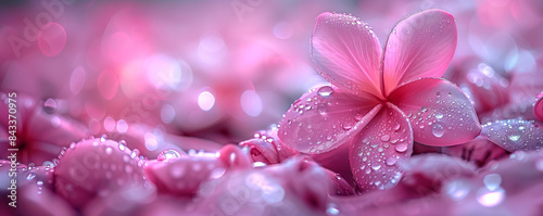 A close up of a pink flower with water droplets on it. The flower is surrounded by other pink flowers, creating a beautiful and serene scene